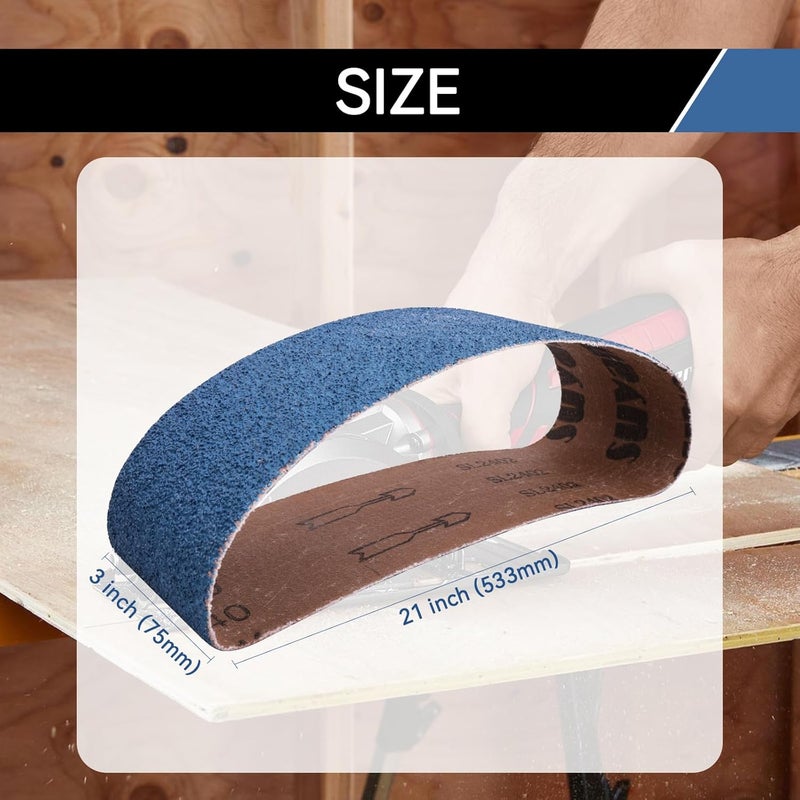 Aolabela 3x21 Inch Sanding Belts 21 Pcs 7 Grits Sizes (3 Each of 40/60/80/120/150/240/400 Grits) Heavy Duty Belt Sander Zirconia Belt Sander Paper for Wood, Metal, Stainless Steel, Cars, and Furniture - Image 2